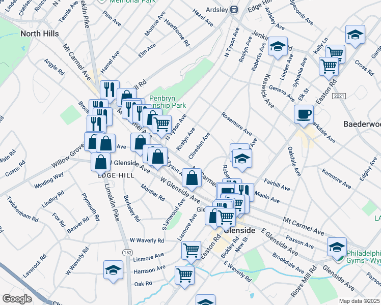 map of restaurants, bars, coffee shops, grocery stores, and more near 116 Cliveden Avenue in Glenside