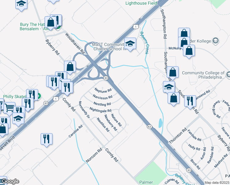 map of restaurants, bars, coffee shops, grocery stores, and more near 2820 Woodhaven Road in Philadelphia