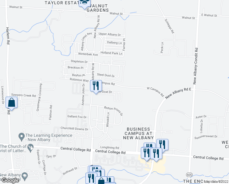 map of restaurants, bars, coffee shops, grocery stores, and more near 7178 Billy Goat Drive in New Albany