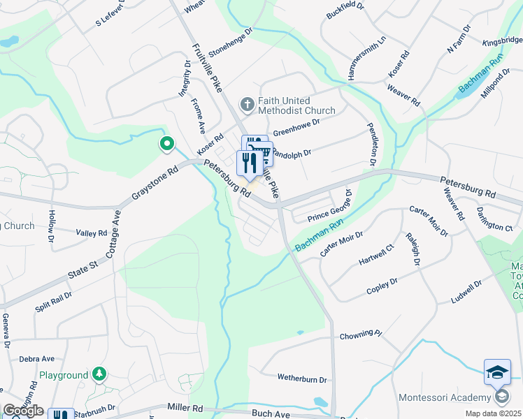 map of restaurants, bars, coffee shops, grocery stores, and more near 618 Petersburg Road in Lancaster