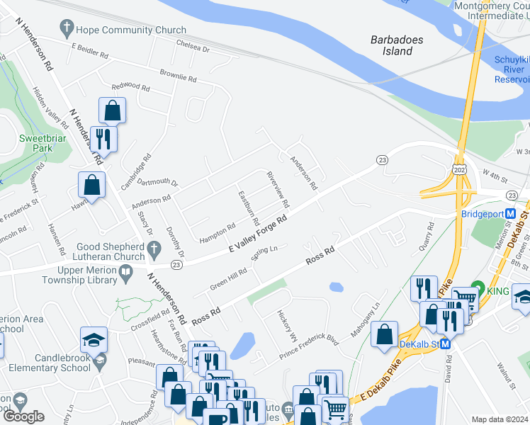 map of restaurants, bars, coffee shops, grocery stores, and more near 287 Hampton Road in King of Prussia