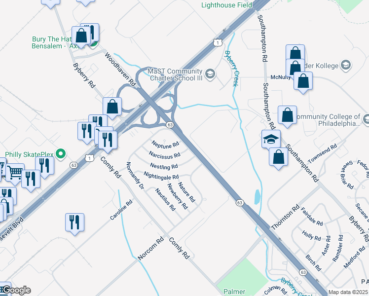 map of restaurants, bars, coffee shops, grocery stores, and more near 2820 Woodhaven Road in Philadelphia