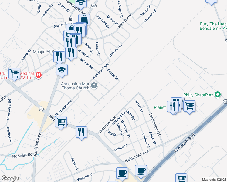 map of restaurants, bars, coffee shops, grocery stores, and more near 10211 Dedaker Street in Philadelphia