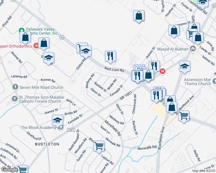 map of restaurants, bars, coffee shops, grocery stores, and more near 9966 Bridle Road in Philadelphia