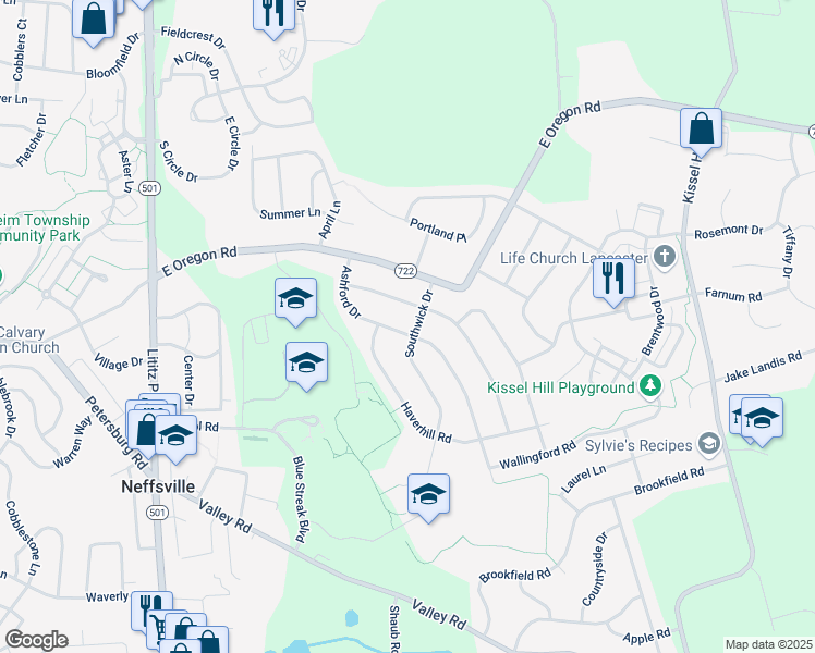 map of restaurants, bars, coffee shops, grocery stores, and more near 340 Longmeadow Road in Lancaster