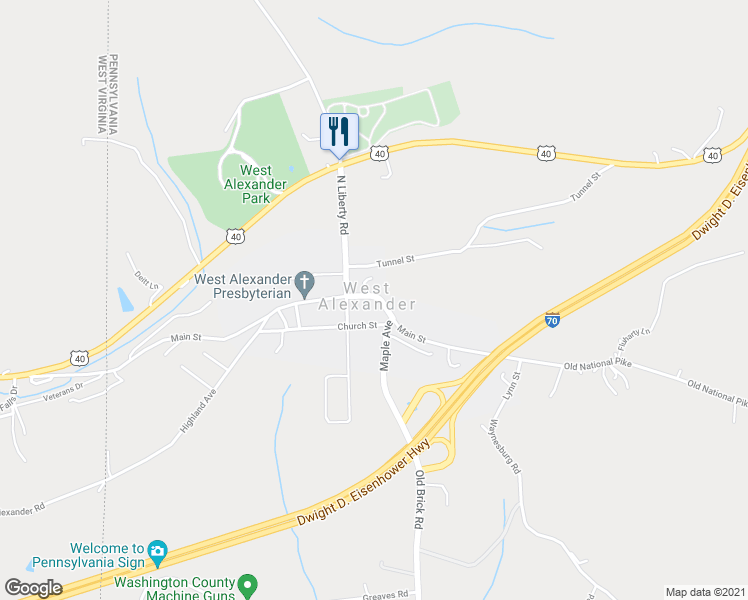 map of restaurants, bars, coffee shops, grocery stores, and more near in West Alexander