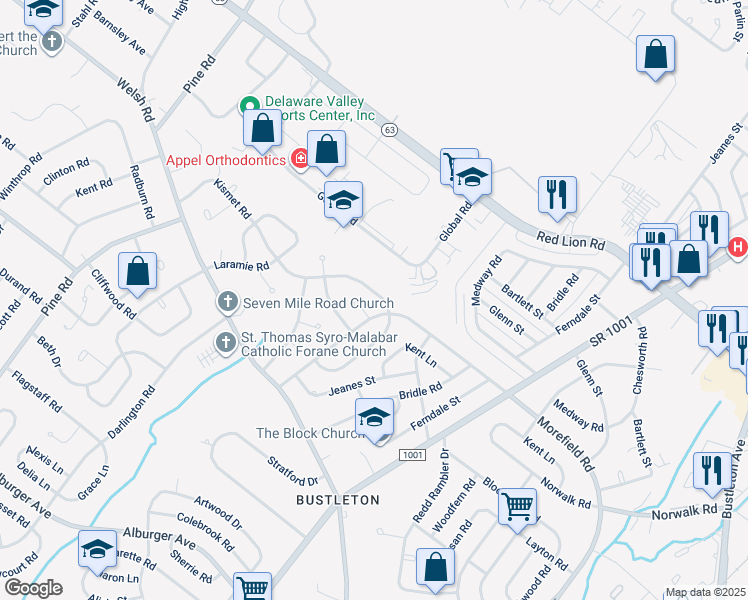 map of restaurants, bars, coffee shops, grocery stores, and more near 652 Kismet Road in Philadelphia