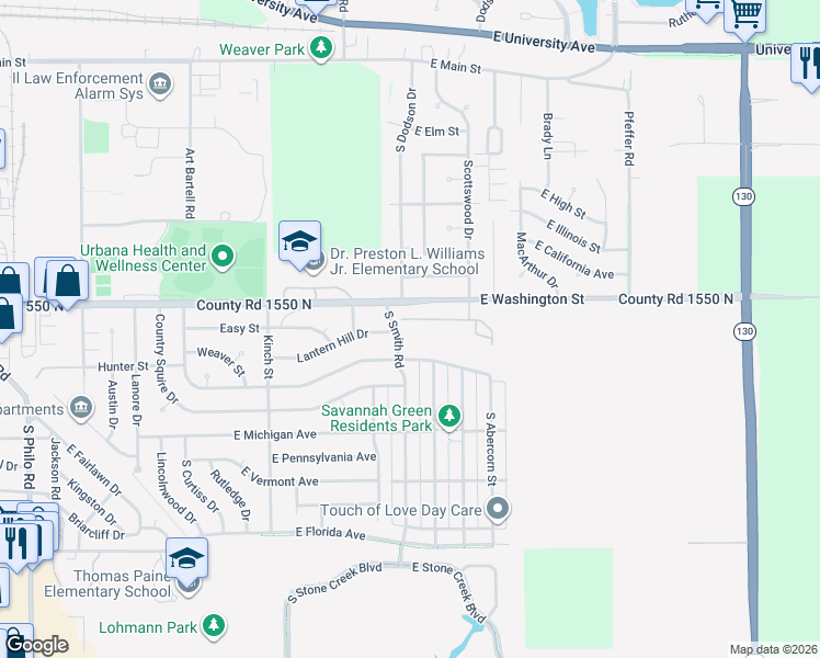 map of restaurants, bars, coffee shops, grocery stores, and more near 1004 South Smith Road in Urbana