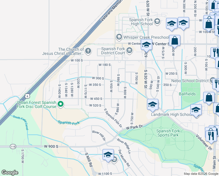map of restaurants, bars, coffee shops, grocery stores, and more near 332 South 950 West in Spanish Fork