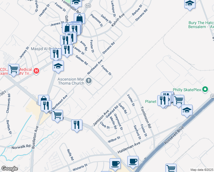 map of restaurants, bars, coffee shops, grocery stores, and more near 10211 Dedaker Street in Philadelphia