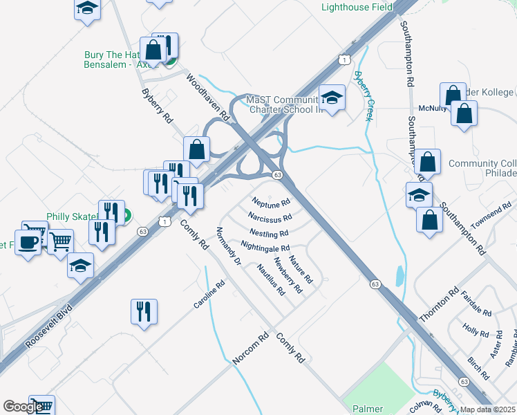 map of restaurants, bars, coffee shops, grocery stores, and more near 2829 Neptune Road in Philadelphia