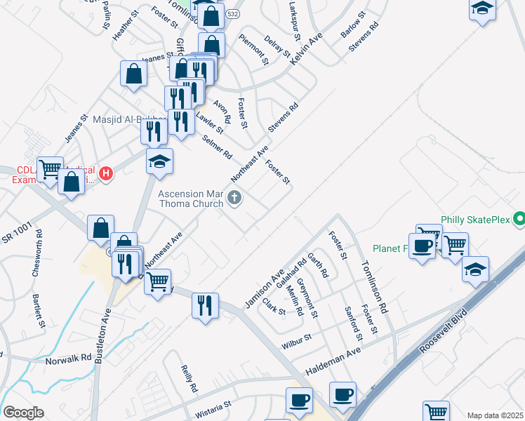 map of restaurants, bars, coffee shops, grocery stores, and more near 1134 Selmer Road in Philadelphia