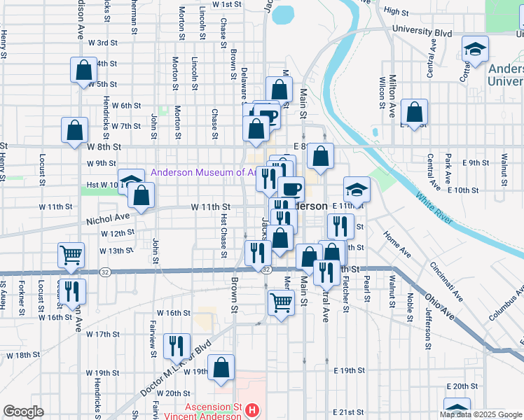 map of restaurants, bars, coffee shops, grocery stores, and more near 1030 Hst Brown-Delaware Street in Anderson