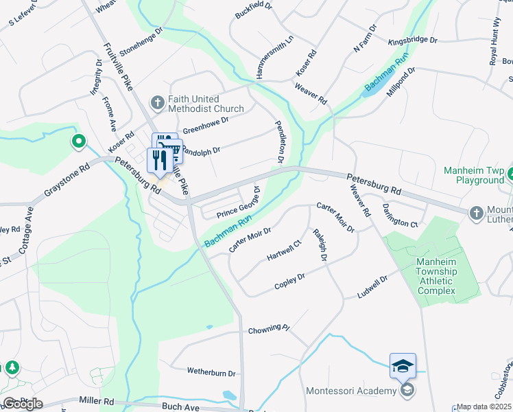 map of restaurants, bars, coffee shops, grocery stores, and more near 614 Prince George Drive in Lancaster