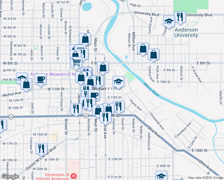 map of restaurants, bars, coffee shops, grocery stores, and more near 302 East 11th Street in Anderson