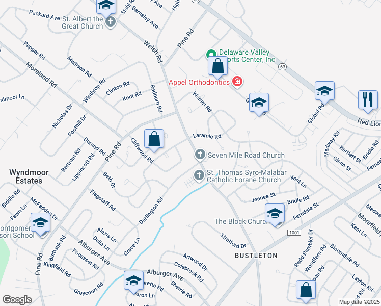 map of restaurants, bars, coffee shops, grocery stores, and more near 432 Welsh Road in Philadelphia