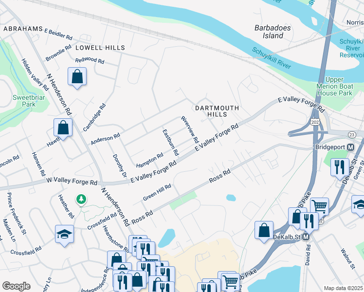 map of restaurants, bars, coffee shops, grocery stores, and more near 287 Hampton Road in King of Prussia
