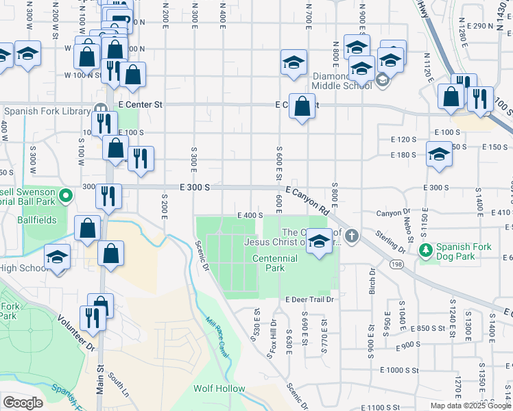 map of restaurants, bars, coffee shops, grocery stores, and more near 560 East 300 South in Spanish Fork