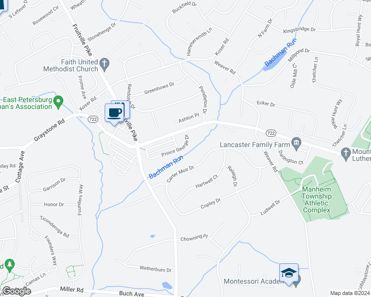 map of restaurants, bars, coffee shops, grocery stores, and more near 614 Prince George Drive in Lancaster