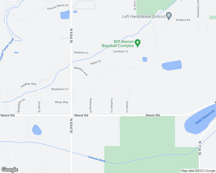 map of restaurants, bars, coffee shops, grocery stores, and more near 6523 Redwing Place in Niwot