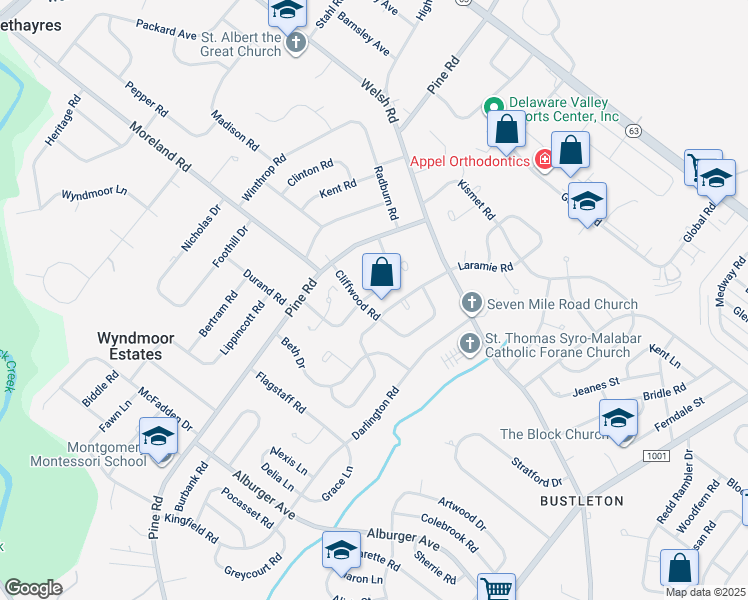 map of restaurants, bars, coffee shops, grocery stores, and more near 9671 Sandanne Road in Philadelphia