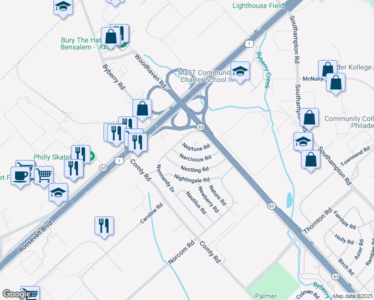 map of restaurants, bars, coffee shops, grocery stores, and more near 2829 Neptune Road in Philadelphia