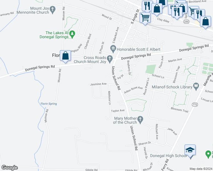 map of restaurants, bars, coffee shops, grocery stores, and more near 811 Jasmine Avenue in Mount Joy