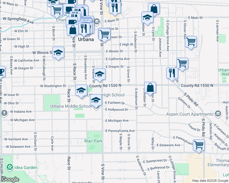 map of restaurants, bars, coffee shops, grocery stores, and more near 407 East Washington Street in Urbana