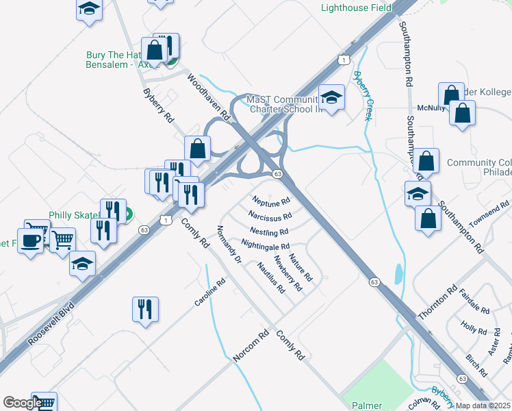 map of restaurants, bars, coffee shops, grocery stores, and more near 2827 Neptune Road in Philadelphia
