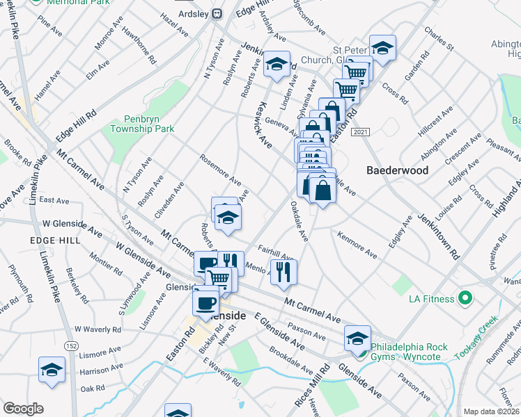 map of restaurants, bars, coffee shops, grocery stores, and more near 2317 Rosemore Avenue in Glenside