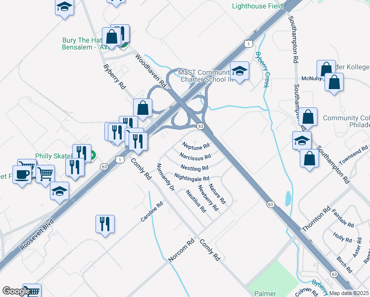 map of restaurants, bars, coffee shops, grocery stores, and more near 2827 Neptune Road in Philadelphia