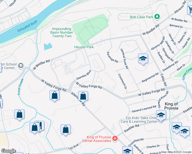 map of restaurants, bars, coffee shops, grocery stores, and more near 607 Fawn Circle in King of Prussia