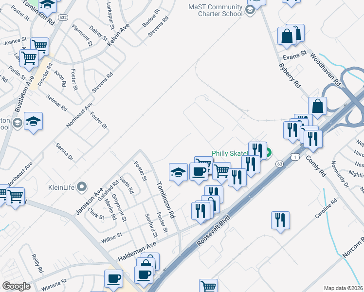 map of restaurants, bars, coffee shops, grocery stores, and more near 10634 Saint Thomas Drive in Philadelphia