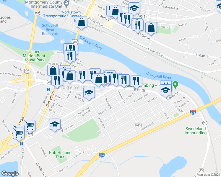 map of restaurants, bars, coffee shops, grocery stores, and more near in Norristown