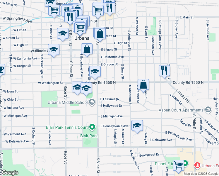 map of restaurants, bars, coffee shops, grocery stores, and more near 407 East Washington Street in Urbana