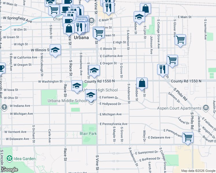 map of restaurants, bars, coffee shops, grocery stores, and more near 407 East Washington Street in Urbana