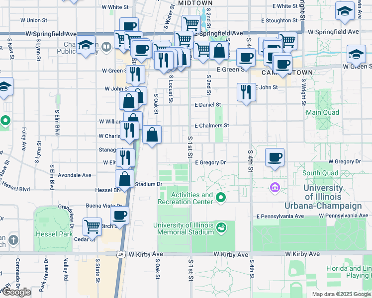map of restaurants, bars, coffee shops, grocery stores, and more near 1013 South 1st Street in Champaign