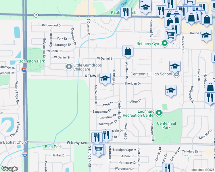 map of restaurants, bars, coffee shops, grocery stores, and more near 2809 West William Street in Champaign