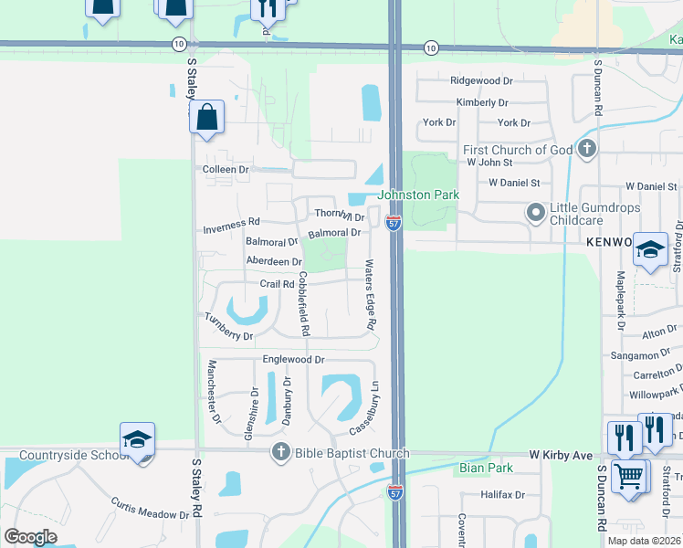 map of restaurants, bars, coffee shops, grocery stores, and more near 1006 Birkdale Drive in Champaign