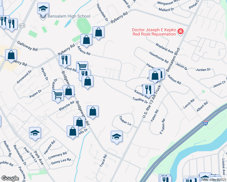 map of restaurants, bars, coffee shops, grocery stores, and more near 1178 Treeline Drive in Bensalem