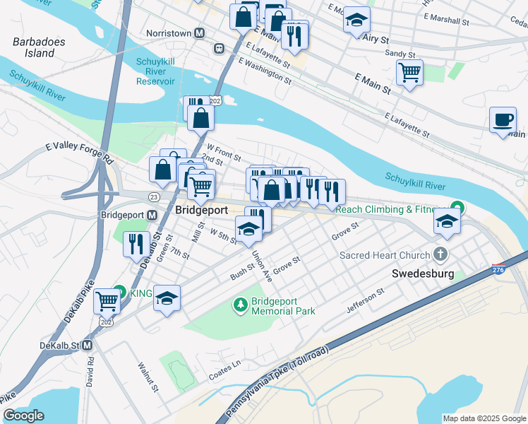 map of restaurants, bars, coffee shops, grocery stores, and more near 7 West 4th Street in Bridgeport