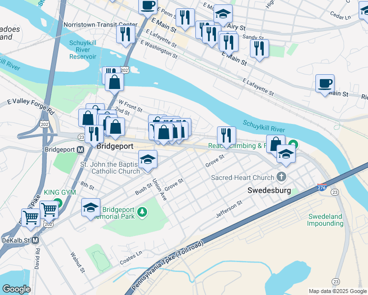 map of restaurants, bars, coffee shops, grocery stores, and more near 66 East 4th Street in Bridgeport