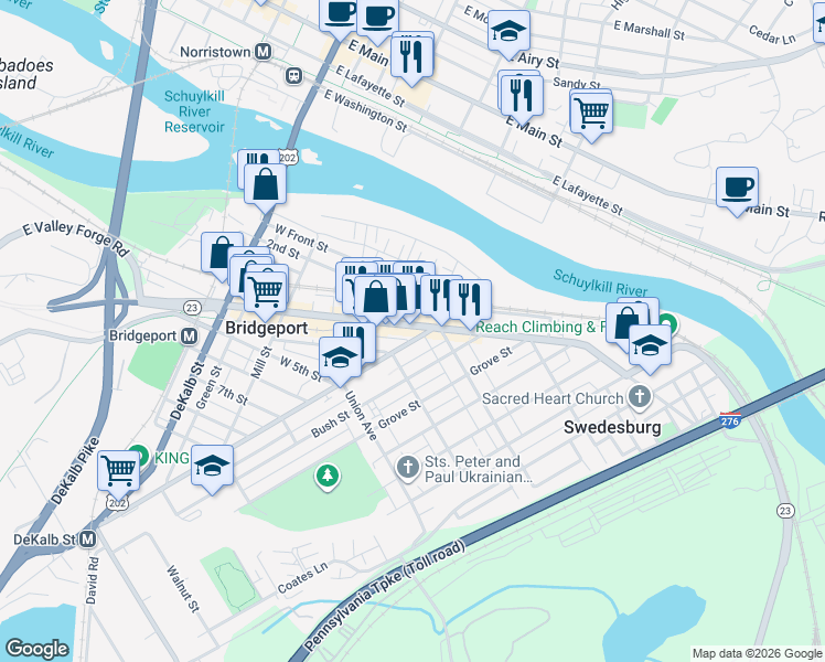 map of restaurants, bars, coffee shops, grocery stores, and more near in Norristown