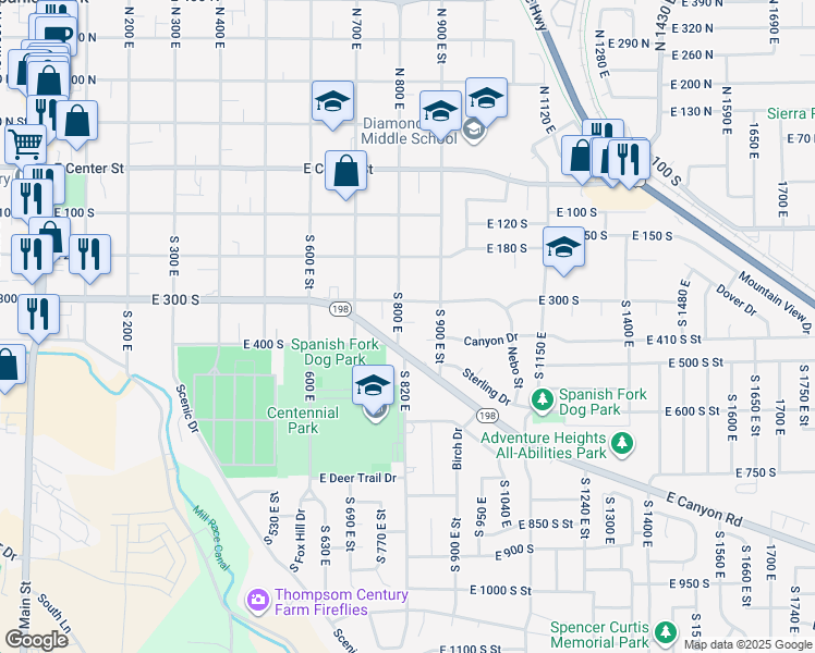 map of restaurants, bars, coffee shops, grocery stores, and more near 361 South 800 East in Spanish Fork
