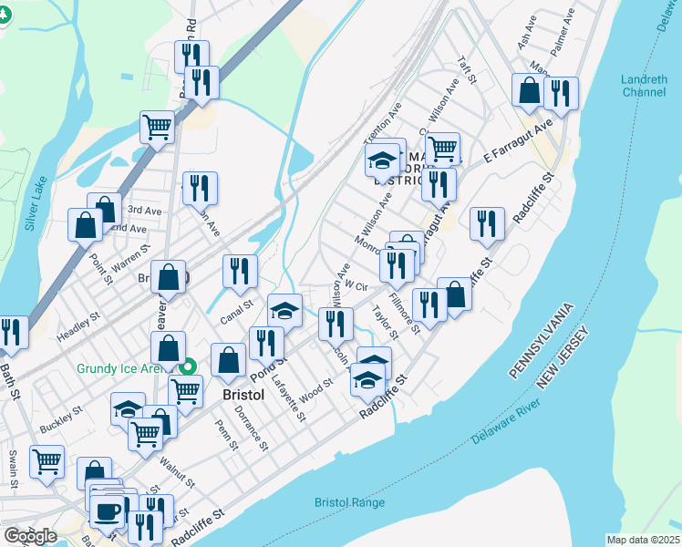map of restaurants, bars, coffee shops, grocery stores, and more near 1327 Wilson Avenue in Bristol