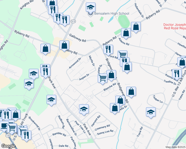 map of restaurants, bars, coffee shops, grocery stores, and more near 2018 Deerfield Drive in Bucks County