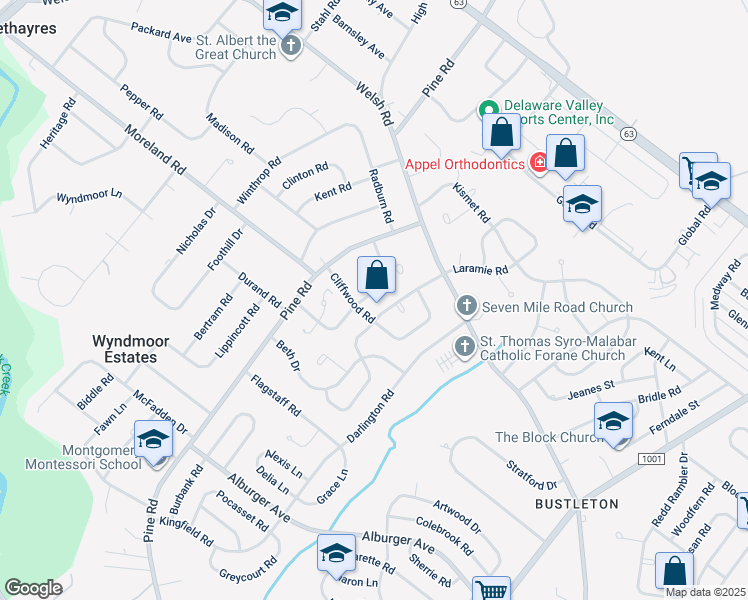 map of restaurants, bars, coffee shops, grocery stores, and more near 9673 Sandanne Road in Philadelphia