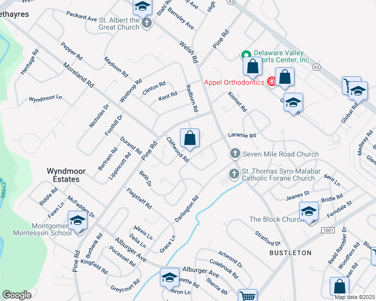 map of restaurants, bars, coffee shops, grocery stores, and more near 9673 Sandanne Road in Philadelphia