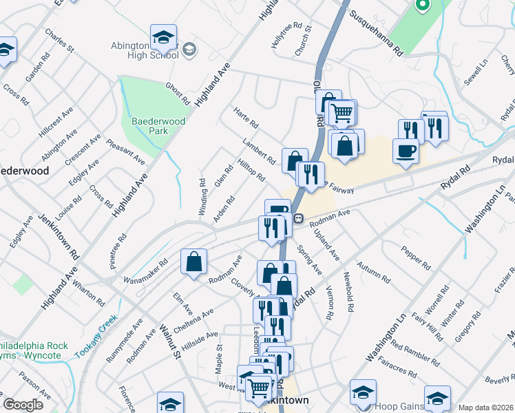map of restaurants, bars, coffee shops, grocery stores, and more near 738 Wyndale Road in Jenkintown