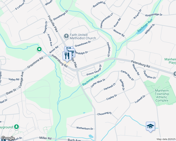 map of restaurants, bars, coffee shops, grocery stores, and more near 521 Prince George Drive in Lancaster